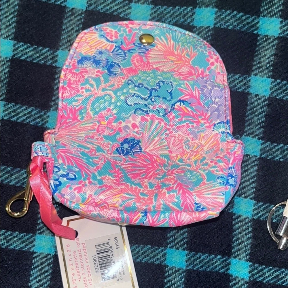 Lilly Pulitzer Waste Bag Holder  with Yellow Pom Pom and White Leather Keychain